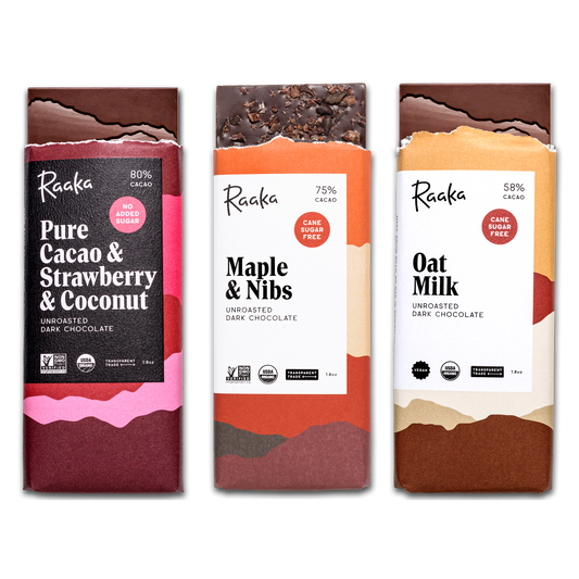 Pure Cacao Strawberry Coconut, Maple and Nibs, Oat Milk - Refined Sugar Free Bundle - Raaka Chocolate