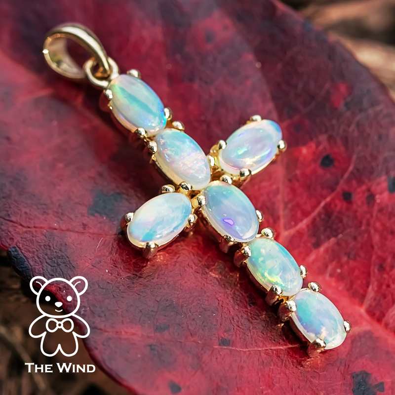 Australian Solid Opal Cross Pendant Necklace 18K Yellow Gold