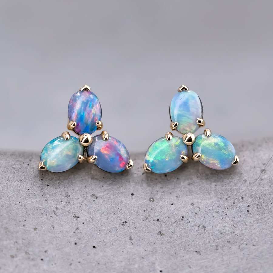 Radiant Rainbow Hues Doublet Opal Trio Stud Earrings 14K Gold