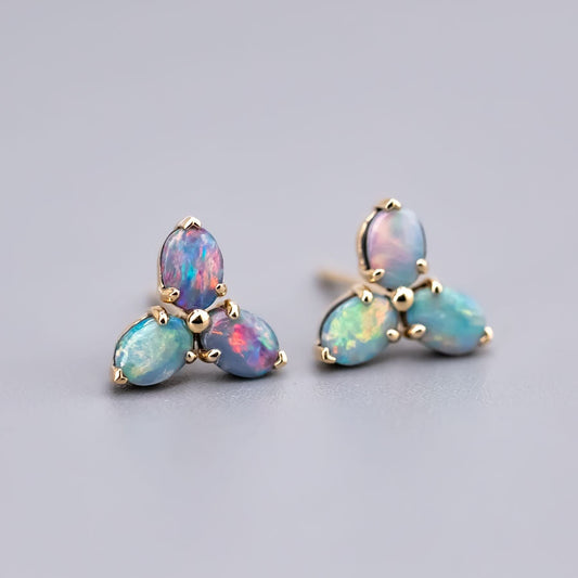 Radiant Rainbow Hues Doublet Opal Trio Stud Earrings 14K Gold