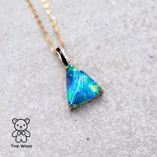 3.84ct Vivid Blue Australian Boulder Opal Diamond & Agate Pendant Necklace 18K Yellow Gold