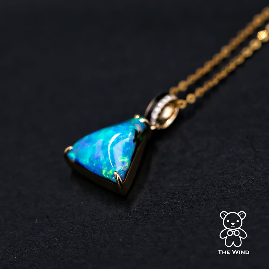 3.84ct Vivid Blue Australian Boulder Opal Diamond & Agate Pendant Necklace 18K Yellow Gold