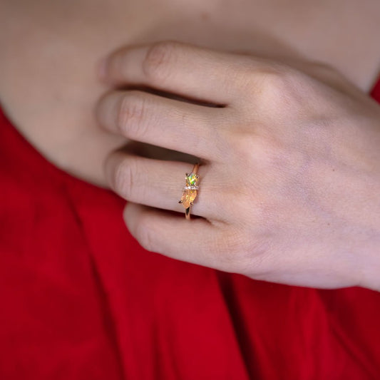 Rare Two-Color Fire Opal Diamond Engagement Ring 18K Yellow Gold