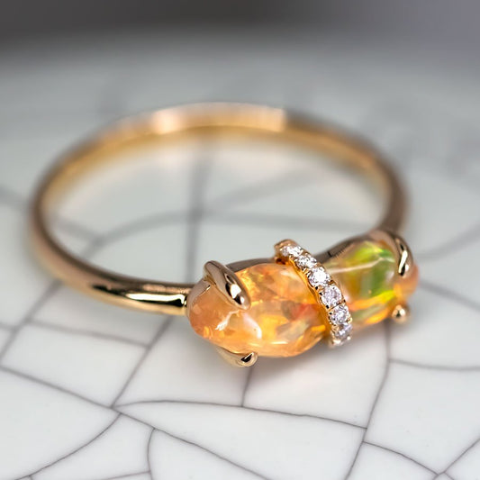 Rare Two-Color Fire Opal Diamond Engagement Ring 18K Yellow Gold