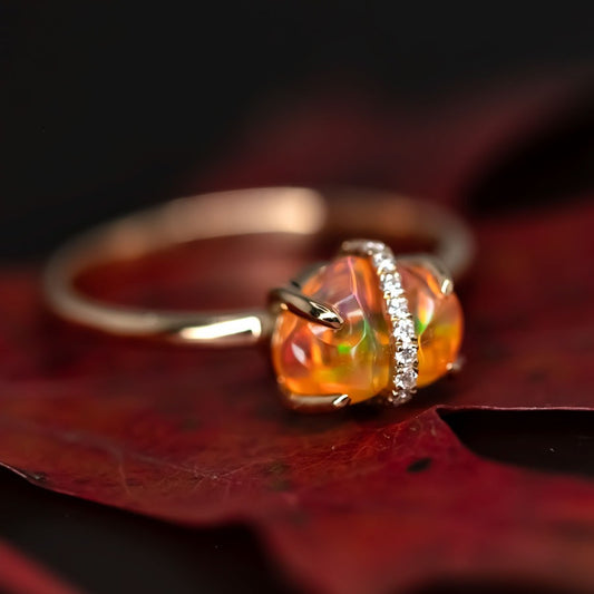 Ribbon Wrapped Fire Opal Diamond Engagement Ring 18K Yellow Gold
