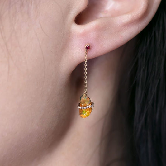 Ribbon Wrapped Fire Opal Ruby Diamond Drop Earrings 18K Yellow Gold