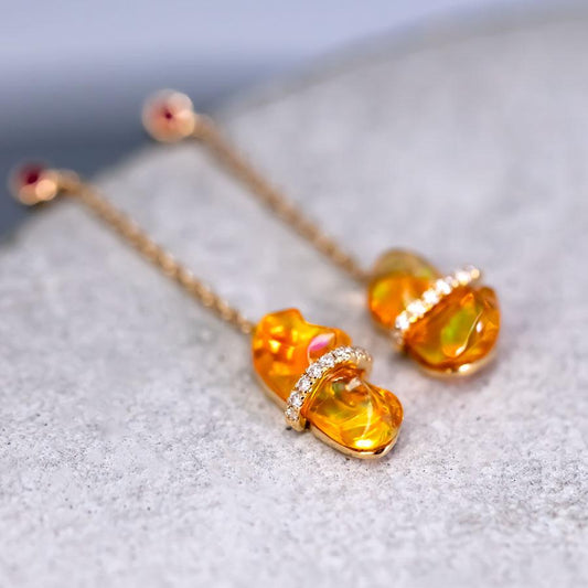 Ribbon Wrapped Fire Opal Ruby Diamond Drop Earrings 18K Yellow Gold