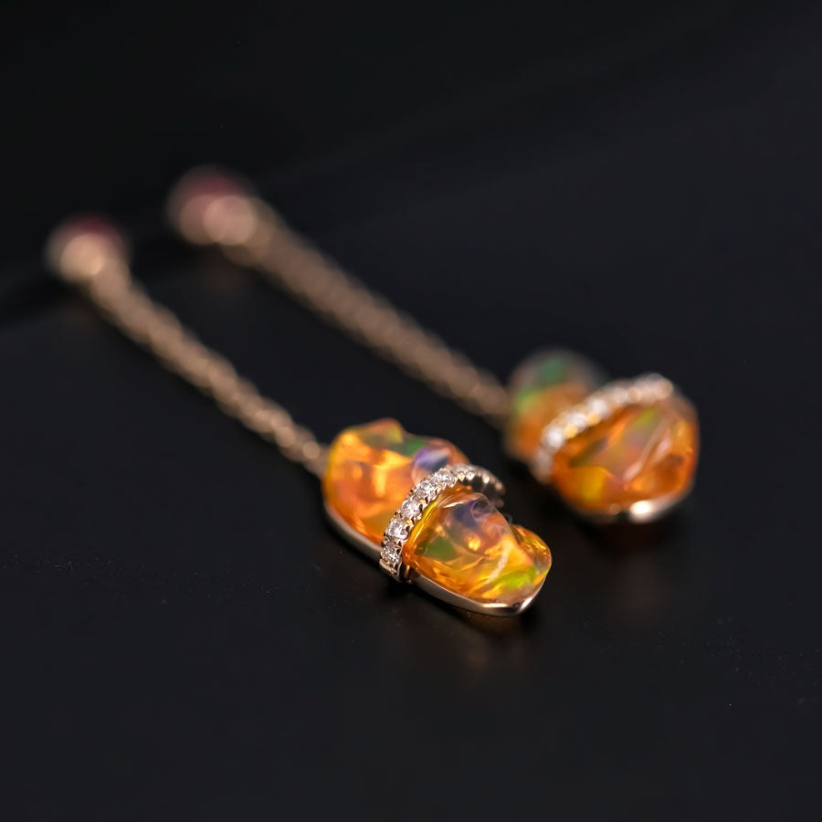 Ribbon Wrapped Fire Opal Ruby Diamond Drop Earrings 18K Yellow Gold