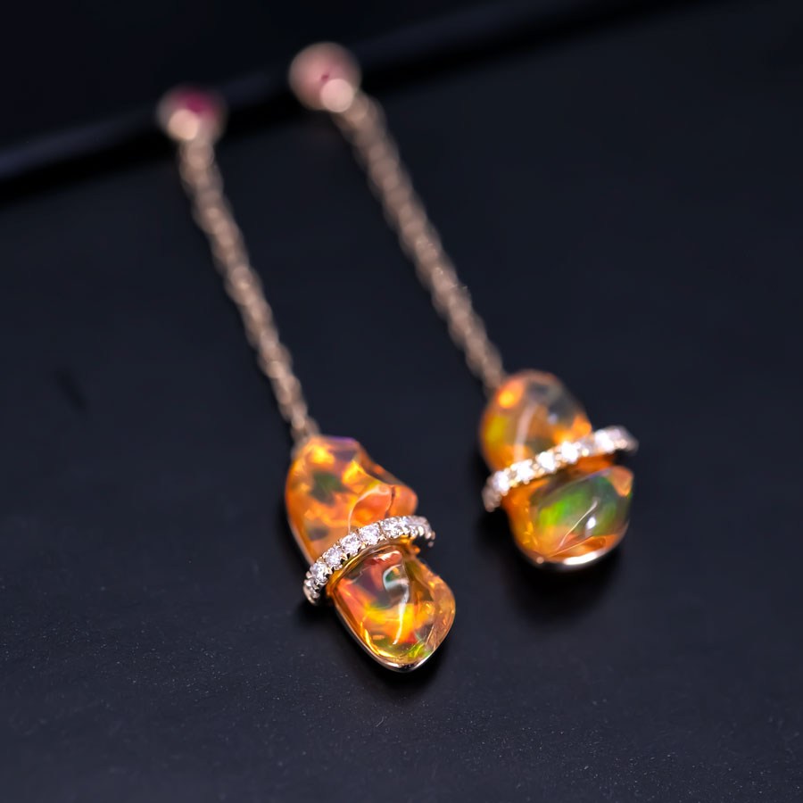 Ribbon Wrapped Fire Opal Ruby Diamond Drop Earrings 18K Yellow Gold