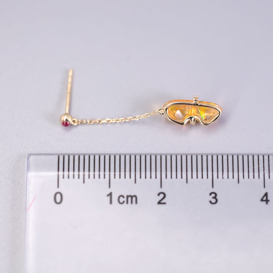 Ribbon Wrapped Fire Opal Ruby Diamond Drop Earrings 18K Yellow Gold