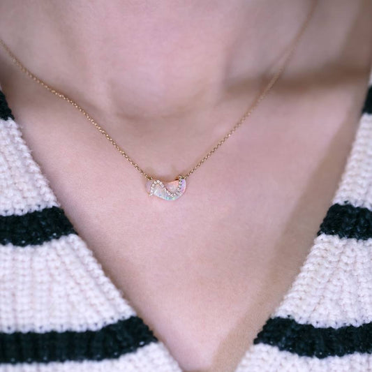 S Shaped Diamond Opal Fossil Shell Necklace 18K Yellow Gold