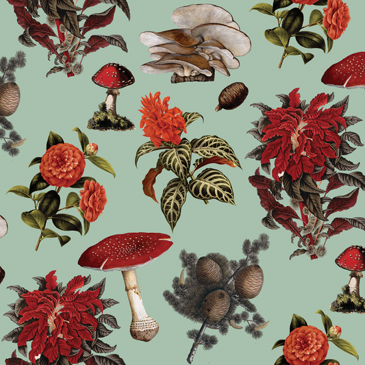 Shrooms Wallpaper, mint and red