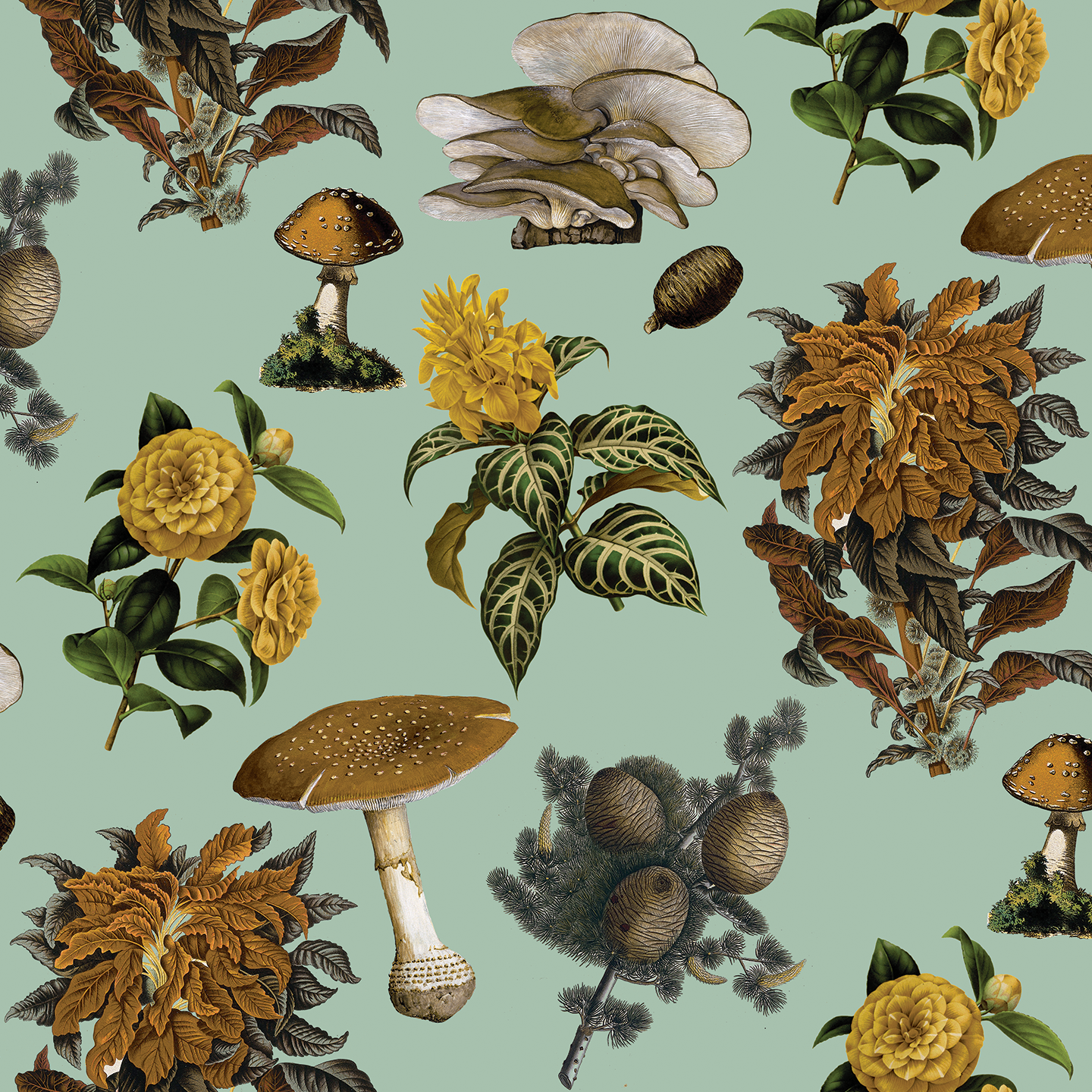 Shrooms Wallpaper, mint and mustard