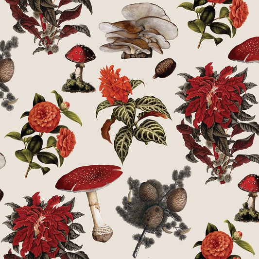 Shrooms Wallpaper, off-white and red