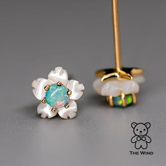 Small Flower Australian Solid Opal & Mother of Pearl Stud Earrings 18K Yellow Gold