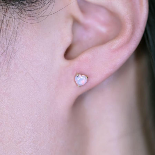 Small Heart Shaped Australian Solid Opal Stud Earrings 14K Yellow Gold