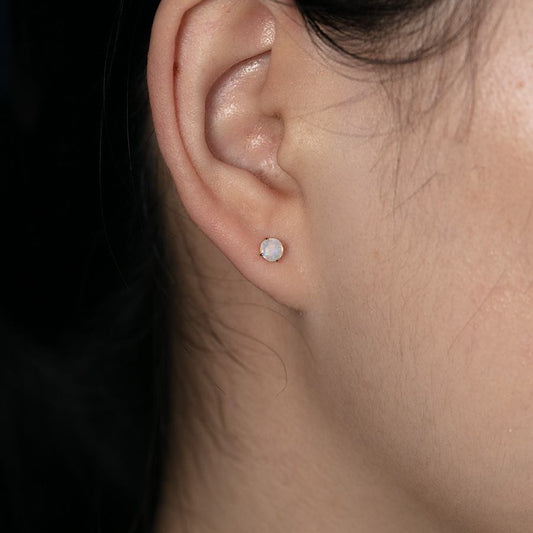 Small Round Australian Opal Stud Earrings 14K Yellow Gold