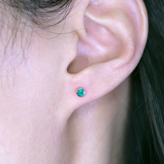 Small Round Australian Doublet Opal Stud Earrings 14k Yellow Gold