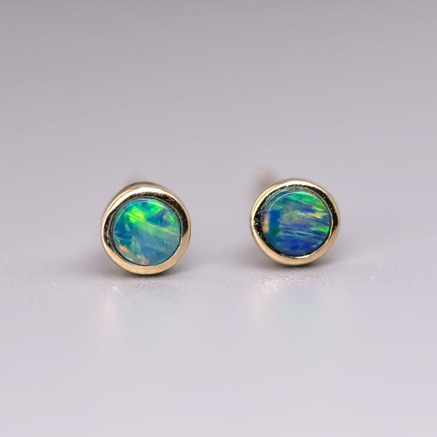 Small Round Australian Doublet Opal Stud Earrings 14k Yellow Gold