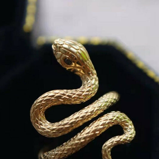 Snake Design Black Diamond Ring 18K Yellow Gold Viper Ring