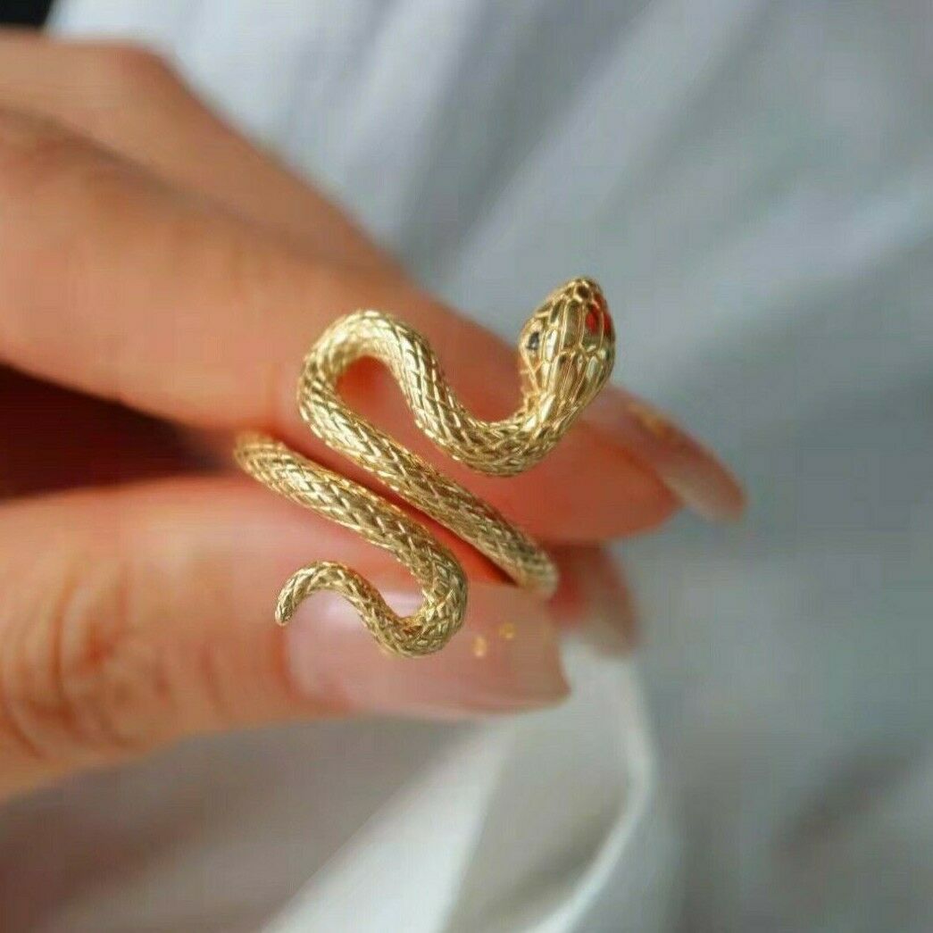 Snake Design Black Diamond Ring 18K Yellow Gold Viper Ring