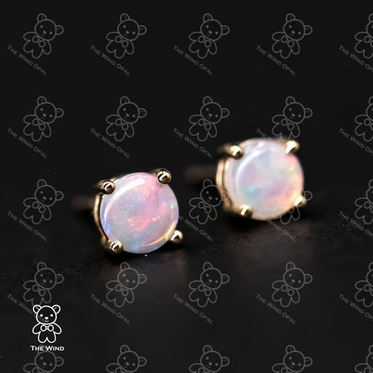Minimalist Round Shaped Australian Solid Opal Stud Earrings 14K Yellow Gold