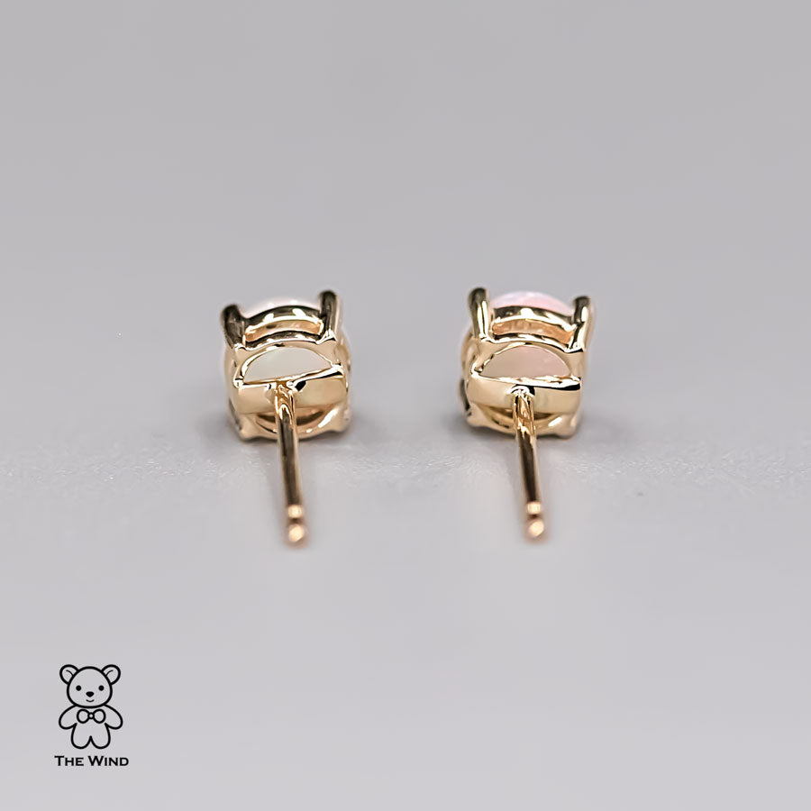 Minimalist Round Shaped Australian Solid Opal Stud Earrings 14K Yellow Gold