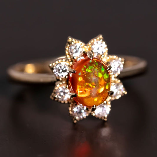 Starry Night Mexican Fire Opal Diamond Engagement Ring 18K Yellow Gold