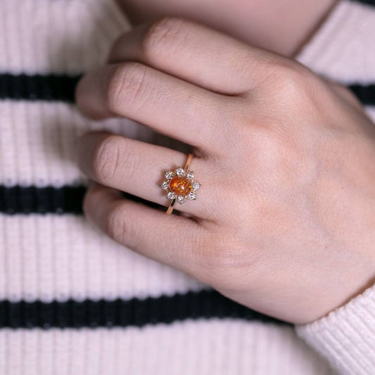 Starry Night Mexican Fire Opal Diamond Engagement Ring 18K Yellow Gold