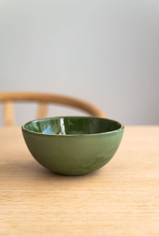 Handmade Porcelain Bowl with Gold Rim. Green