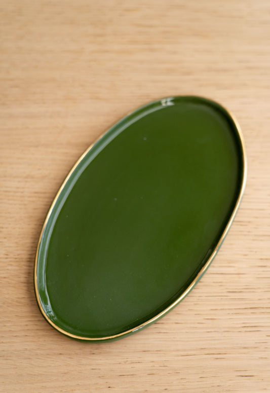Porcelain Oval Serving Platter with Gold Rim. Green