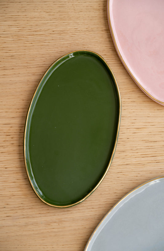 Porcelain Oval Serving Platter with Gold Rim. Green