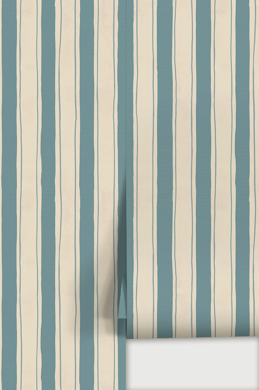 Riviera Stripe Wallpaper, off-white and dusty blue