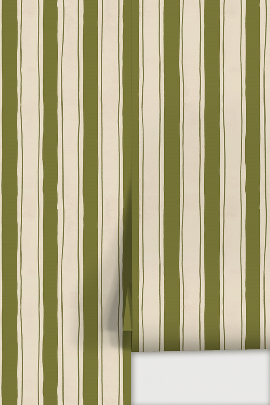 Riviera Stripe Wallpaper, off-white and olive green