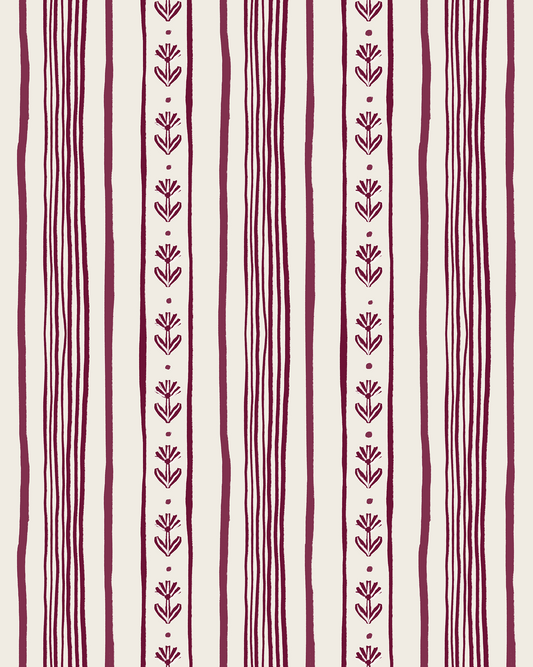 Daisy Chain Stripe Wallpaper, beige and eggplant purple