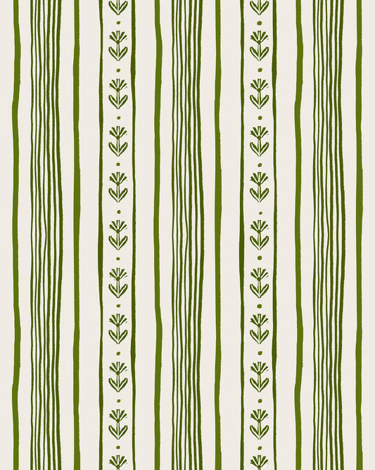 Daisy Chain Stripe Wallpaper, beige and green