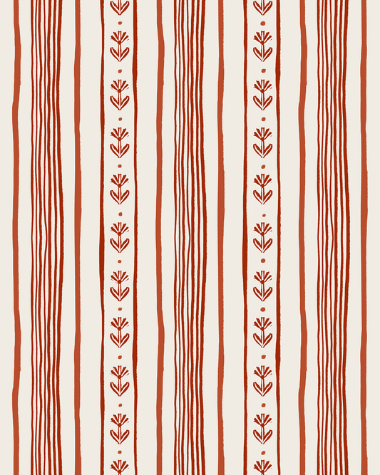 Daisy Chain Stripe Wallpaper, beige and brick red