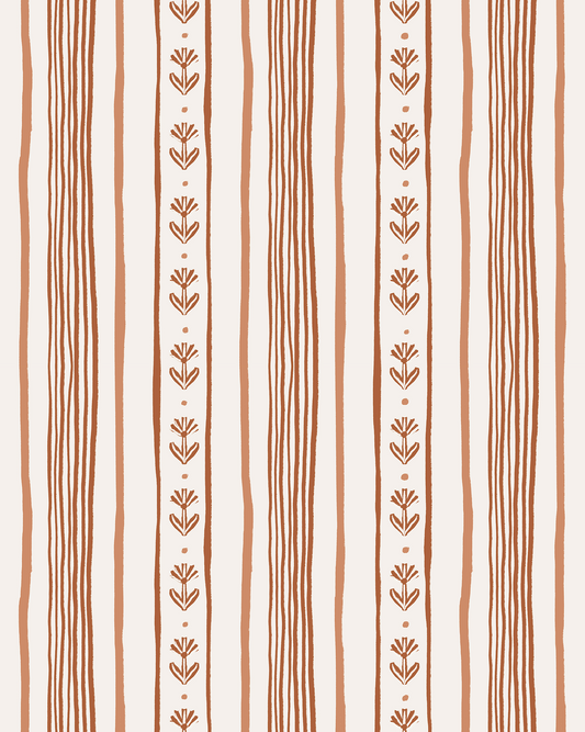 Daisy Chain Stripe Wallpaper, beige and terra cotta
