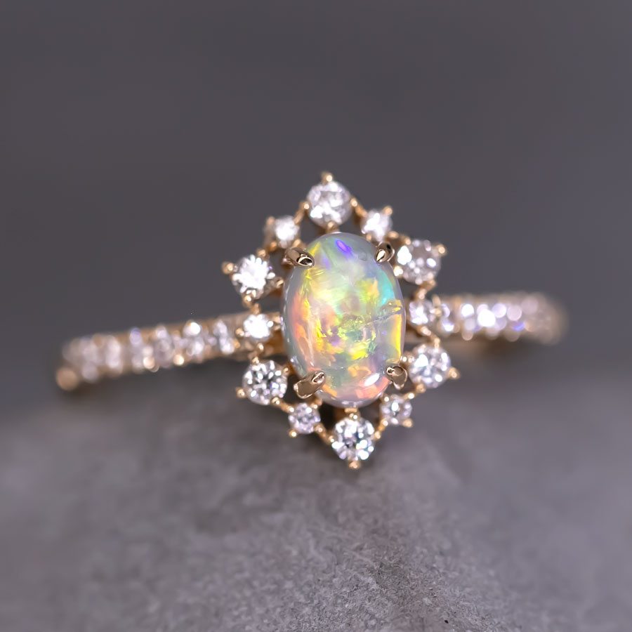 Stunning Semi-Black Opal Diamond Engagement Ring 18K Gold