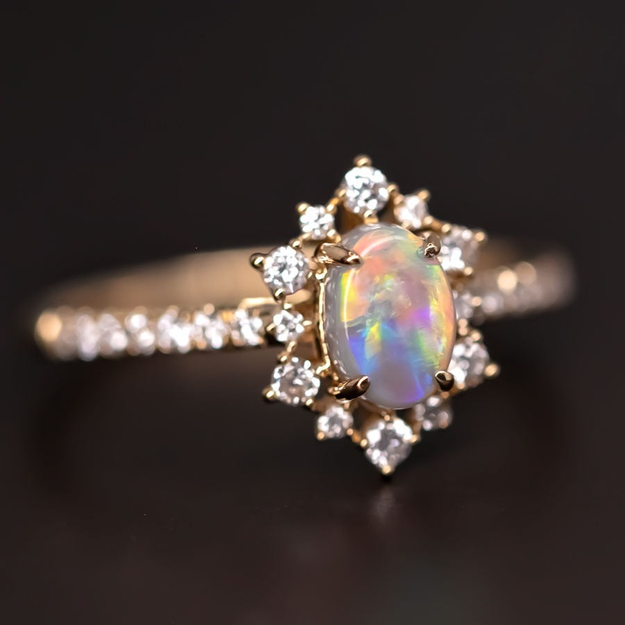 Stunning Semi-Black Opal Diamond Engagement Ring 18K Gold
