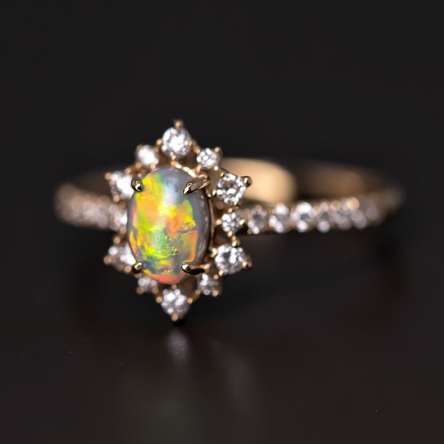 Stunning Semi-Black Opal Diamond Engagement Ring 18K Gold