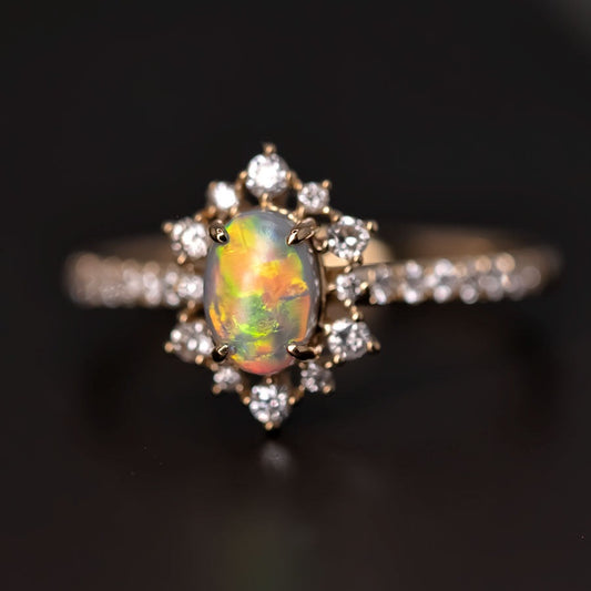 Stunning Semi-Black Opal Diamond Engagement Ring 18K Gold