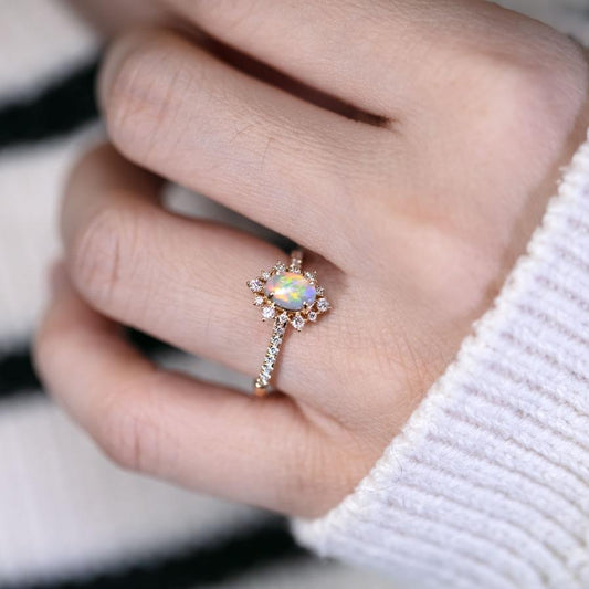 Stunning Semi-Black Opal Diamond Engagement Ring 18K Gold