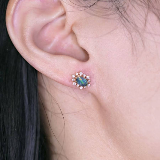 Stunning Boulder Opal & Halo Diamond Stud Earrings 18k Yellow Gold