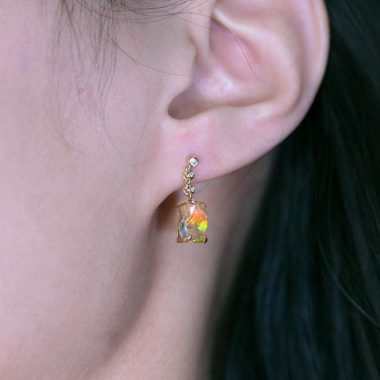 Stunning Diamond Fire Opal Asymmetric Drop Earrings in 18K Yellow Gold