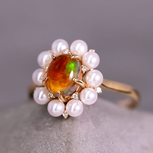 Stunning Engagement Ring Fire Opal Pearl & Diamonds 18K Yellow Gold