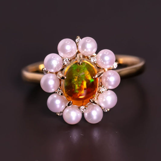 Stunning Engagement Ring Fire Opal Pearl & Diamonds 18K Yellow Gold