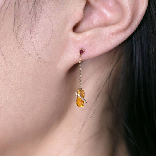 Stunning Fire Opal Diamond Ruby Drop Earrings in 18K Yellow Gold