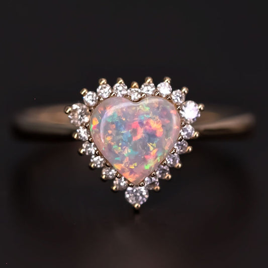 Rare Stunning Heart Shaped Opal Halo Diamond Engagement Ring 18k Yellow Gold