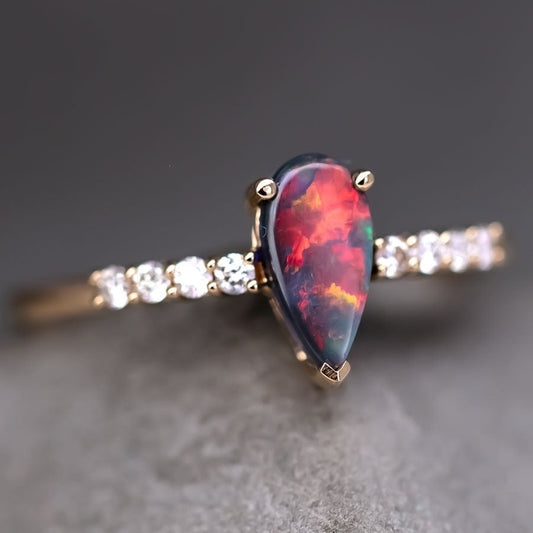 Stylish Black Opal Diamond Engagement Ring 18K Yellow Gold